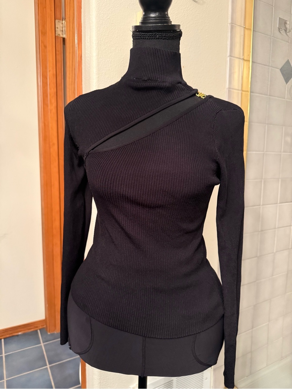 Zara Black Ribbed Asymmetric Turtleneck Sweater with Zip Detail
